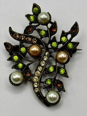 Vintage Mid-Century Faux Pearl & Peridot Green Rhinestone Brooch - Signed Canada